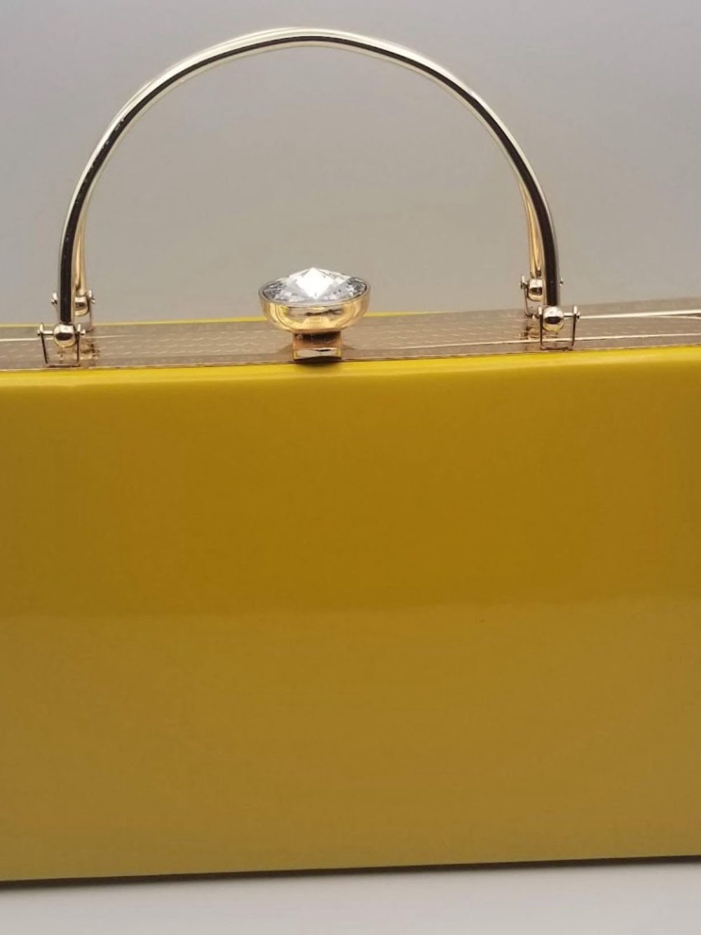 Yellow Patent Hard-Case Top-Handle Clutch with Jewel Accent